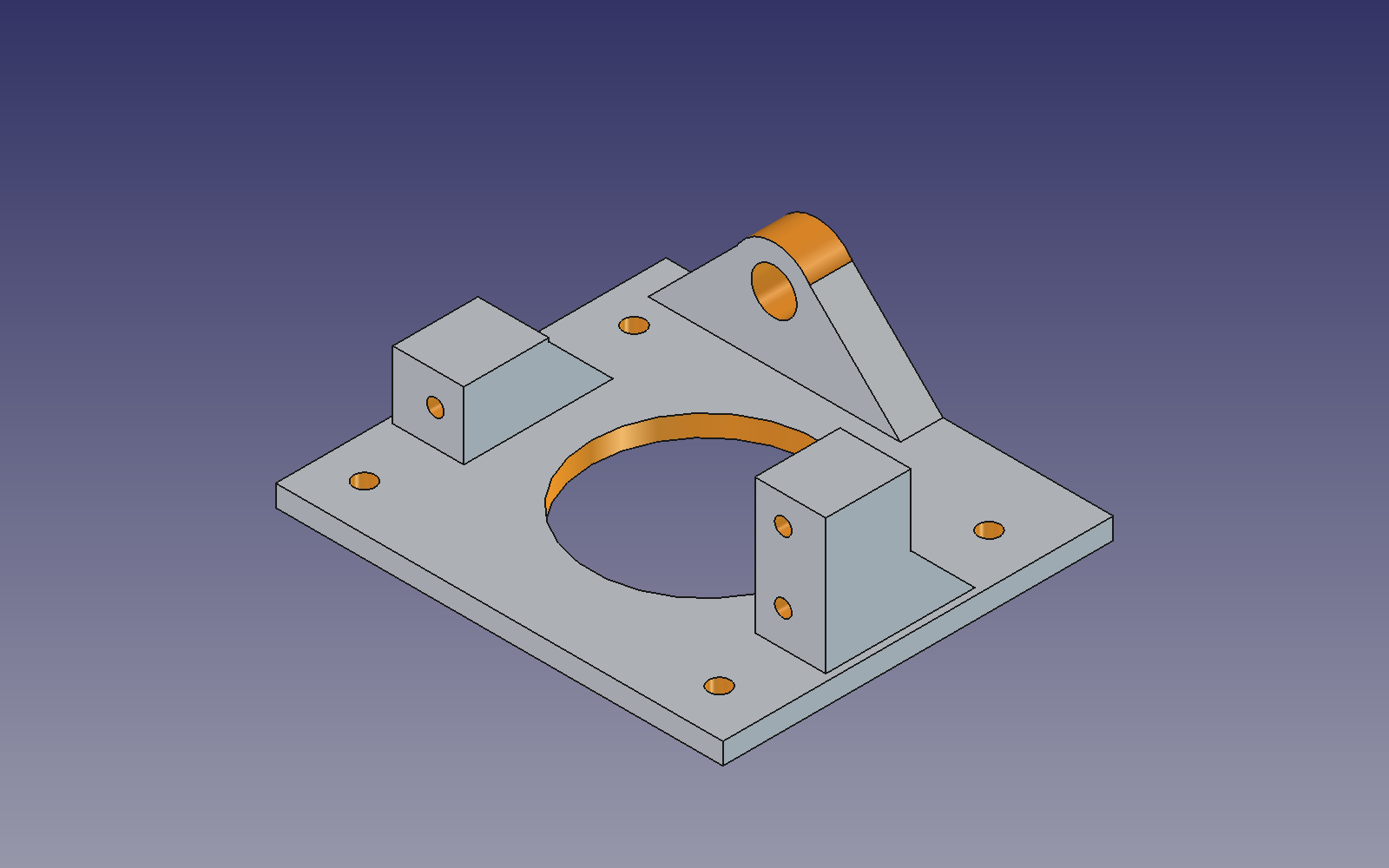 The same file after convert_mesh_to_brep: 31 faces, cylindrical surfaces highlighted in orange.
