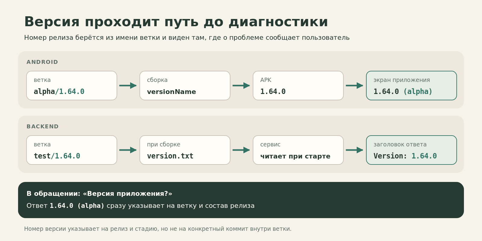 Версия из имени ветки alpha/1.64.0 попадает в APK и на экран приложения как 1.64.0 (alpha); у backend версия попадает в version.txt и в заголовок ответа Version