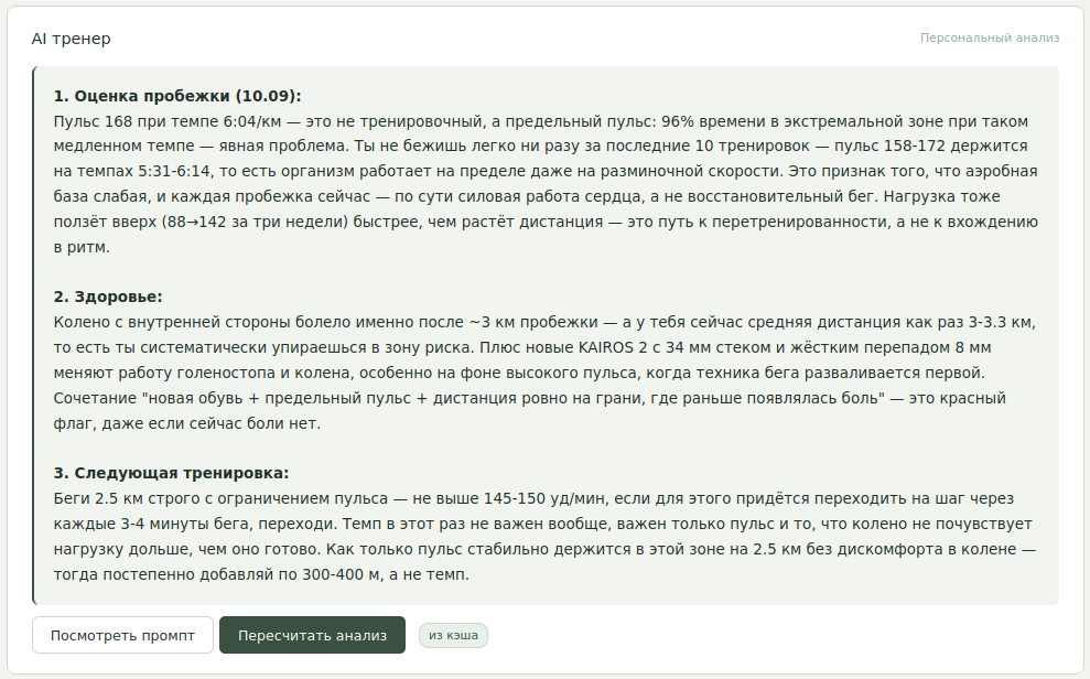 AI-разбор пробежки: оценка, контекст здоровья и рекомендация следующей тренировки